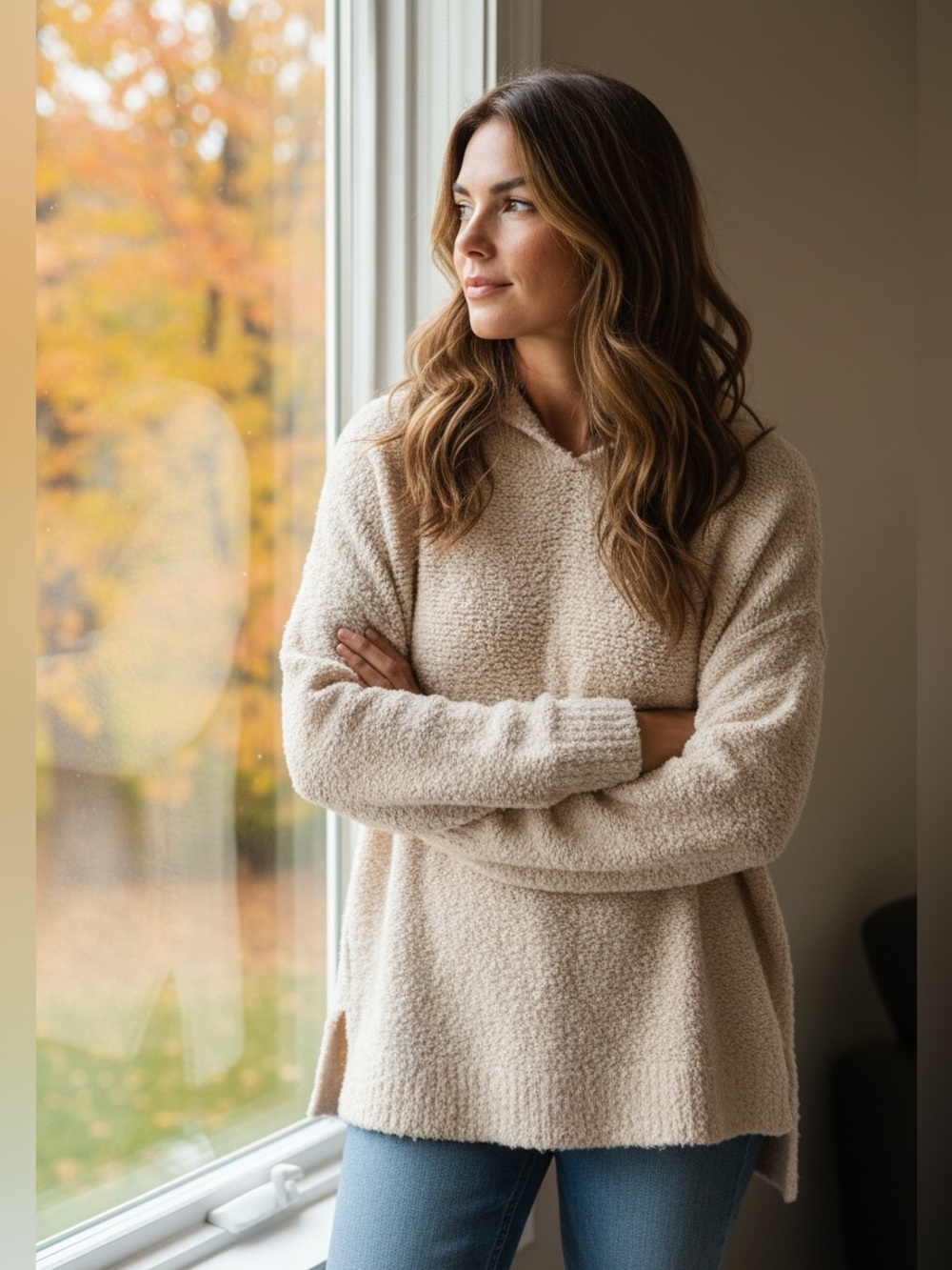 a new day Cream Bouclé Hooded Pullover Sweater
